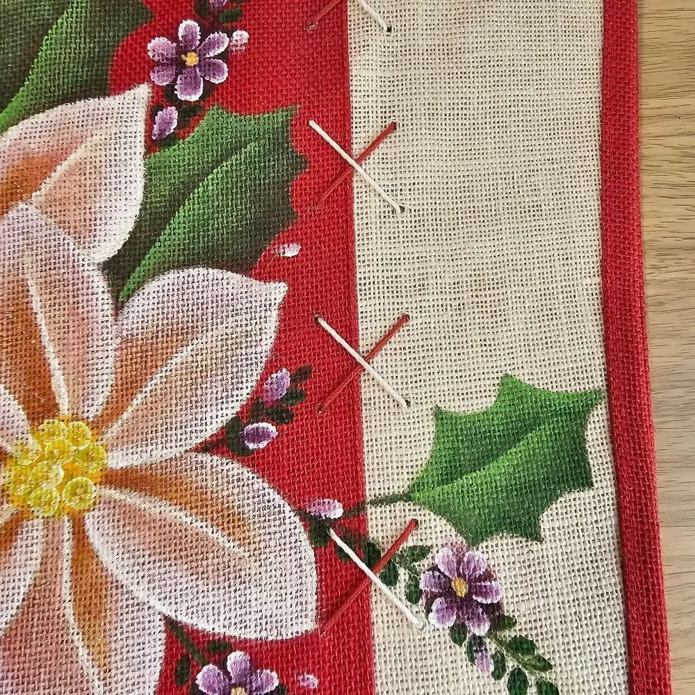 Hand-Made Tote Bag Christmas Jute Craft-Fabric Ribbon Flowers Hand Painted Gift